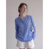 Cárdigan de punto azul con cuello medio abierto y protección solar para mujer, camiseta casual holgada de manga larga estilo "old money" para verano, top ajustado