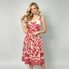 Vestido Midi Retro Floral Europeo y Americano de Verano con Tirantes Finos Cuello Cuadrado Cintura Ceñida Corte A Ropa para Mujer Fuente de Fábrica