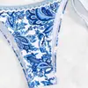 Porcelana Azul y Blanca Nuevo Bikini de Tres Puntos Divididos de Comercio Exterior Traje de Baño para Mujer Sexy Espalda Descubierta Cuello con Cordones Traje de Baño Biki