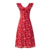Sentido del Diseño Retro Floral Vestido Largo Estilo Diosa Chun Deseo Elegante Rojo con Volantes Sin Mangas Cuello en V Tirantes