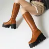 Botas de cavaleiro europeias e americanas de cor sólida com salto quadrado, tamanhos 34-43, outono e inverno, bico redondo, tamanho grande, sola grossa, plataforma impermeável, zíper lateral, salto quadrado