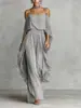Conjunto de Pantalones de Pierna Ancha sin Tirantes, Hombros Descubiertos, Chifón Gris, Estilo Nuevo Transfronterizo Europeo y Americano para Mujer, Moderno Diseño Irregular