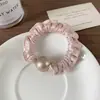 Scrunchie de cetim franzido com pérolas, estilo francês simples, para mulheres, alta elasticidade, ideal para rabo de cavalo, elástico de cabelo que não danifica, acessório de cabelo coreano
