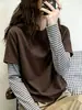 Camiseta de Manga Larga para Mujer Estilo Retro Americano Falso Dos Piezas Bloque de Color Algodón Puro Otoño Versátil Reductora de Edad Elegante Chic Moda Top