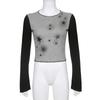 Europa e Estados Unidos transfronteiriça outono BM Harajuku estilo feminino gola anti-carro personalidade estrela brilhante estampada camiseta moda micro-la atacado
