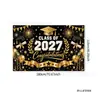 Faixa de Fundo para Festa de Formatura Transfronteiriça 2027 Preto Dourado Espigas de Trigo Chapéu de Formatura Tecido para Pendurar Fotos Tecido de Fundo para Cerimônia