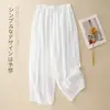279 # Calça lanterna de algodão e linho de cor sólida artística para mulheres, primavera-verão, cintura elástica, cordão, modelagem solta, tamanhos grandes, calça casual cropped de perna larga