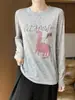 2025 Outono Inicial Nova Malha Worsted Gola Redonda Manga Longa Feminina Estampa Animal Pulôver Solto Camisa Base Top