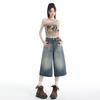 Americano Retro 2025 Verano Nuevo Cintura Alta Suelto Todo Combinable Recto Holgazán Jeans Recortados Pantalones de Pierna Ancha para Mujer