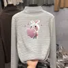 Estilo Otoño e Invierno Moda para Bebés Elegante Camiseta de Forro Polar para Niñas de Tamaño Mediano a Grande Cuello Medio Alto Manga Larga Top Rayado