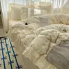 Juego de cuatro piezas de algodón lavable y agradable para la piel estilo princesa francesa Corazón de niña Encaje Sábana Cubre edredón Ropa de cama 4
