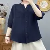 Camisa de Algodón con Cuello en V Estilo Japonés Manga Media 2026 Moda Verano Top Artístico Blusa de Retazos Elegante que Reduce la Edad