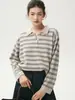 Suéter de punto de cachemira 100% pura de lujo ligero para mujer, con un estilo retro colegial, cuello tipo polo, diseño de rayas y un corte relajado, perfecto como capa base o para usar como prenda exterior