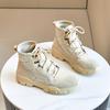 Botas para Mulheres 2025 Primavera Novo Estilo Couro Genuíno Salto Grosso Botas Curtas Estilo K Versátil Estilo Casal Botas de Lona Masculinas para Motocicleta