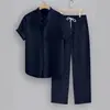 2026 Amazon comércio exterior transfronteiriço terno casual masculino de camisa de manga curta listrada com gola abotoada e calça comprida com cordão