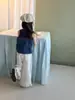 Macacão Jeans Patchwork Xadrez Retrô Aimo Beibei Infantil + Camisola Interna Conjunto Elegante em Camadas de Duas Peças