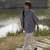 Camisa Vintage Holgada Estudiante Versátil Delgada Moderna Casual Rayas Manga Corta Hombre Verano Retro Japonés
