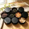 Lata metálica simple en blanco y negro con forma de tambor, lata vacía portátil para té, bálsamo, té de flores, granos de café, caja de embalaje metálica