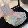 Estilo dulce y picante de chica - bloques de color, ribete de encaje cruzado, malla transparente, dobladillo con volantes, bragas sexys y lindas para mujer