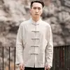 Camisa de Linho com Botão Estilo Tang Chinês Primavera e Outono Novo Algodão e Linho Chinês Jaqueta Túnica Chinesa Top Masculino Vintage
