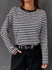 Camiseta de Manga Larga a Rayas Estilo Retro Americano Nueva para Primavera y Otoño 2025 para Mujer, Corte Holgado, Cuello Redondo, Sin Cierre, Top Versátil