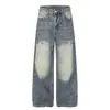 Calça jeans larga masculina lavada e desgastada, estilo street punk com design de rebite vintage, calça reta solta de nicho