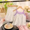 Conjunto de Verão com Suspensório para Meninas, Renda Fina Lyocell Toque Fresco Sem Mangas Shorts Pijama Floral