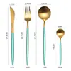 Conjunto de talheres de aço inoxidável 304 escovado português de quatro peças: faca de bife, garfo, colher, colher de café, conjunto de caixa de presente pequena ocidental