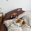 Conjunto de cama de quatro peças em algodão puro com listras jacquard estilo nórdico, lençol e capa de edredom em algodão puro combinados, conjunto de três peças para dormitório estudantil 4