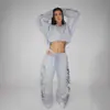 Conjunto Informal de Sudadera con Estampado de Letras y Pantalones, Cintura Ancha con Cordón y Aberturas, Conjunto de Dos Piezas de Moda para Mujer