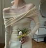 Suéter de hombros descubiertos para mujer, mezcla de lana, estilo suave, solapa grande, off-shoulder, moderno, de alta calidad, ajustado, de manga larga