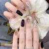 Uñas Postizas de Moda para Primavera y Verano, Estilo Negro Cool con Deslumbrantes Pedrería, Uñas Postizas Iluminadoras, Uñas Postizas Acabadas al Por Mayor