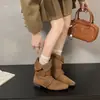 Botas de mujer, estilo francés, doble uso, botines adelgazantes, botas de moda hasta la pantorrilla, tacón grueso, punta cuadrada, retro, de corte bajo