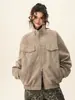 Chaqueta de gamuza con cuello mao para uso diario, versátil para estilo urbano, inspirada en ropa de trabajo, casual retro, estilo corto desgastado, unisex