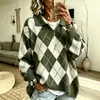 2026 Europeo y Americano Transfronterizo Otoño e Invierno Nuevo Cuadros de Diamantes Holgado Cuello en V Casual Camisa a Cuadros Solapa Suéter Tejido de Punto