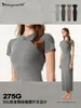 Vestido Longo Slim Fit Estilo Europeu e Americano Verão 2025, Vestido de Tricô de Manga Curta, Vestido Bodycon Simples com Fenda para Mulheres