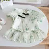 Traje Estilo Chinês Infantil 24 Verão Novo Meninas Elegante Antigo Cintura Alta Manga Bufante Roupa Chinesa Conjunto de Duas Peças