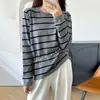 Top de Malha Gola Redonda Manga Longa Bloco de Cores Listrado Soltinho 100% Algodão Novo Primavera/Verão 2026 para Mulheres