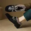 Sapatos Peludos para Mulheres, Novo Estilo Inverno 2026, Sapatos Mary Jane com Forro de Pelúcia, Patchwork Retrô com Fivela de Cinto, Sapatos de Algodão, Mocassins