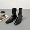 Botas de Cano Curto Quadradas Vintage com Salto Grosso em Estoque, Botas Chelsea Patchwork de Couro Macio para Mulheres, Botas Pretas Versáteis para o Dia a Dia, Botas de Cano Justo
