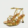 Sandálias Femininas de Salto Alto Comércio Exterior Transfronteiriço Elegantes Tiras Finas Deslumbrantes Estilo Metálico Charme Único Dourado Feito à Mão Sapatos Femininos