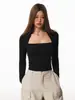 Camisa Curta Base Falsa Estilo Americano para Mulheres, T-shirt Preta Slim Fit para Início de Primavera, Roupa Íntima Modeladora de Manga Longa