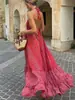 2026 Verano Nuevo Estilo de Vacaciones Europeo y Americano Transfronterizo para Mujer Estampado Retro Espalda Descubierta Borla con Cordones Vestido Largo