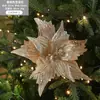 Decorações de flores de Natal em dourado e vermelho com lantejoulas e glitter, flores de Natal artificiais feitas à mão em formato de fênix, acessórios para árvore de Natal