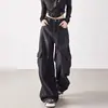 Calça jeans de trabalho preta estilo americano de perna larga para mulheres, nova coleção outono 2026, design de cintura alta estilo coreano, calça reta solta