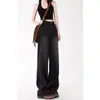 Jeans Feminino Wide Leg com Lavagem Preta Verão Reto Slim Look Solto Cintura Alta Design plus size Calça Tendência