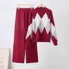Traje de Moda Europeo Otoño e Invierno Nuevo Suéter Versátil de Cuello Redondo Holgado + Pantalones Casuales de Pierna Ancha Conjunto de Dos Piezas para Mujer