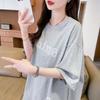 Camiseta Bordada de Algodão Puro Estilo Preguiçoso Manga Curta para Mulheres Verão Comprimento Médio Estilo Coreano Solta Tamanho Grande Renda Fenda Top Tendência