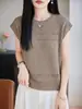 Camiseta de punto hueca tejida con cuello redondo y patrón de ojo de durazno para mujer, con mangas acampanadas, corte holgado, mezcla de Tencel y lino, fresca y delgada para el verano, de manga corta