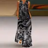 Site independente Amazon novo vestido longo sexy sem mangas com estampa retrô europeia e americana com bolsos